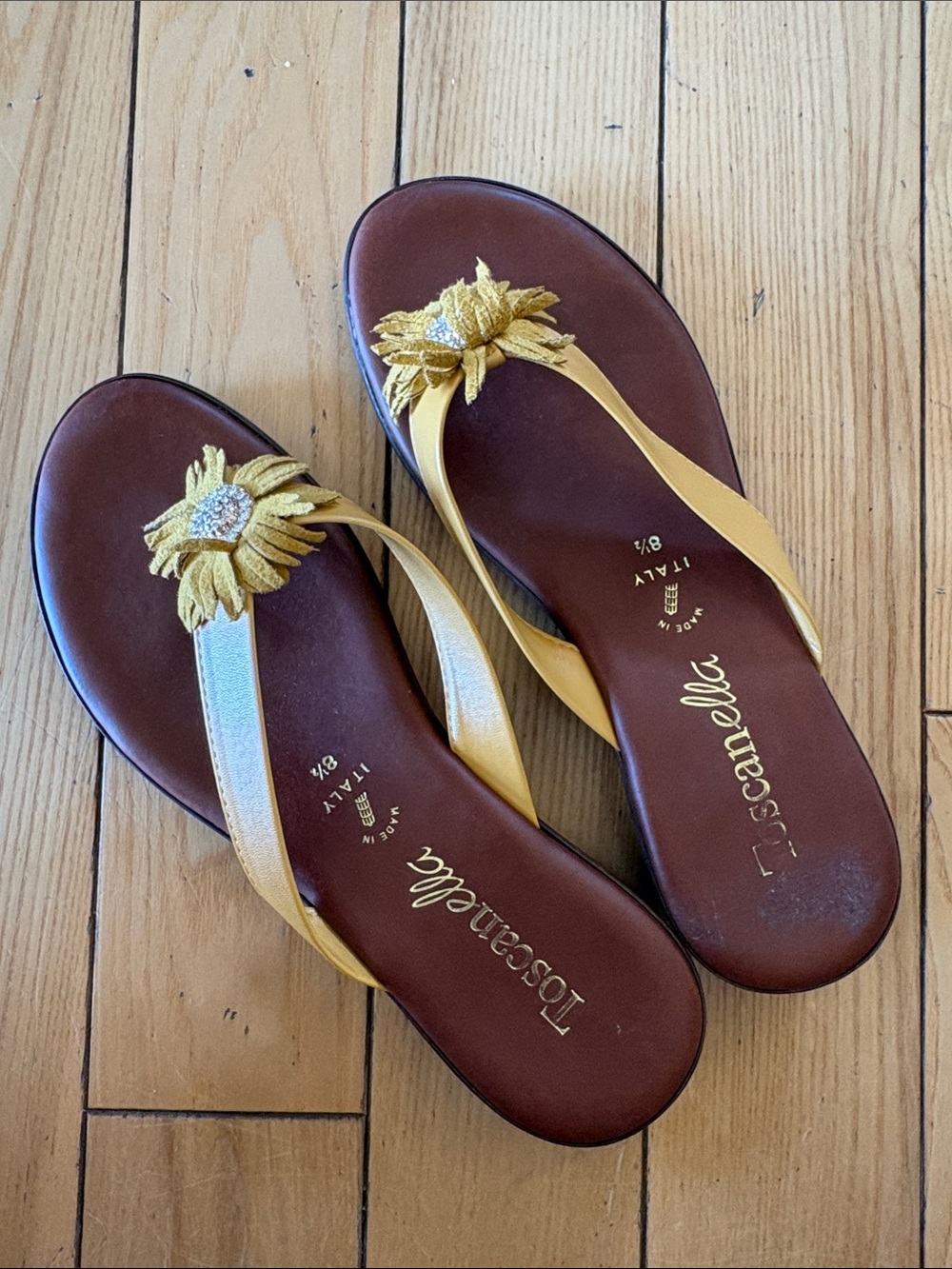 Toscanella Yellow Floral Thong Leather Sandals